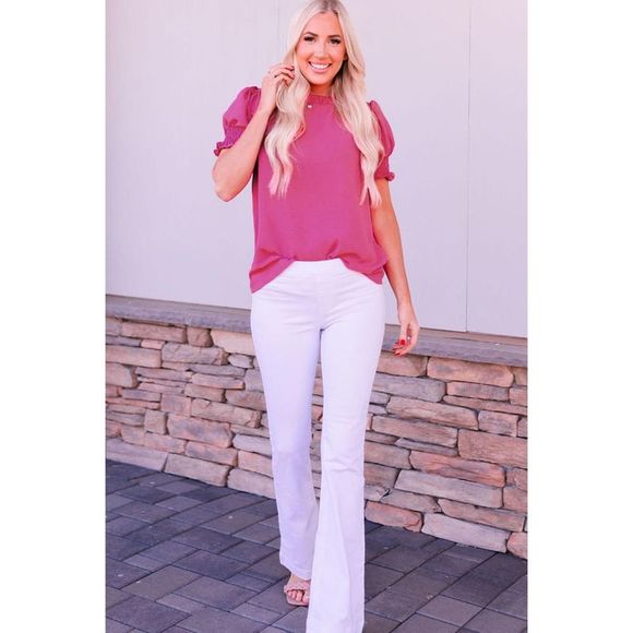 Azura Exchange  Rose Solid Color Smocked Puff Sleeve Blouse - Picture 4 of 8